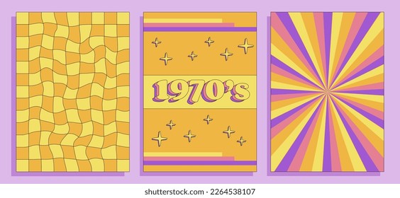 Three groovy templates, orange backdrops with distorted chess board, lines and 1970's poster, vector retro backgrounds in 1970s style.