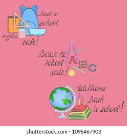 Three Groups of Colored School Items with Handwritten Lettering. Design Elements for School Supplies Sale. Vector EPS 10