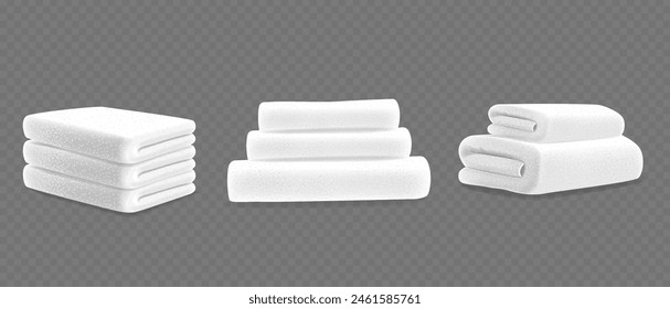 Tres Grupos De Toallas De Terry Apiladas En Blanco En Diferente Ángulo De Vista. Maquetas de Vector 3D realistas para la presentación