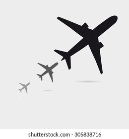 Three Growing Airplane Silhouette With Little Shadow, Can Be Used As A Poster