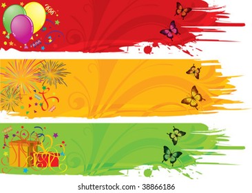 Three Grunge Birthday Frame with Balloon, Fireworks and streamer, element for design, vector illustration
