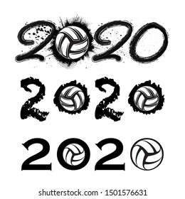 Three grunge black 2020 numbers with outline volleyball symbols