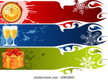 Three grunge Christmas frame with clock, glass and gift, element for design, vector illustration
