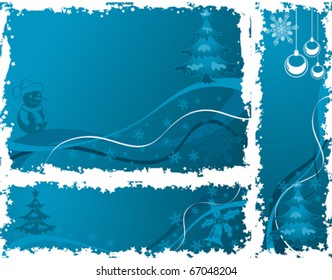 Three grunge Christmas frame with tree, snowflake, bell, element for design, vector illustration