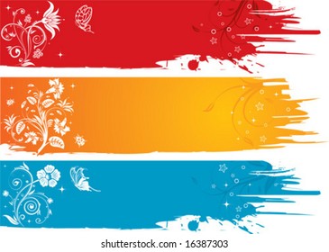 Three grunge flower background with butterfly and ladybug, element for design, vector illustration