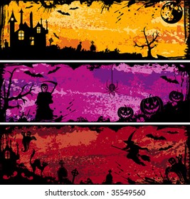 Three grunge Halloween frame with bat, pumpkin, witch, ghost, element for design, vector illustration