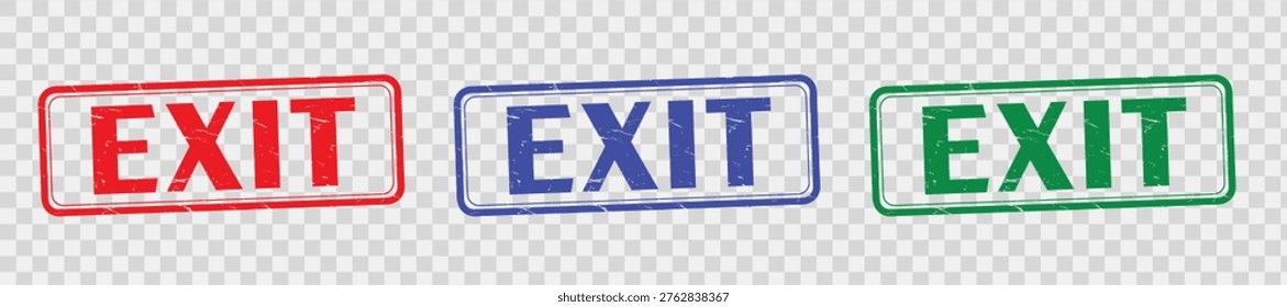 Three grunge stamp exit signs in red, blue, and green colors, isolated on a transparent background, conveying urgency.