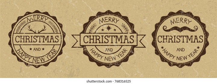 Three grunge stamps with inscription "Merry Christmas and Happy new year" on old paper background. Wild west style. Vector illustration.