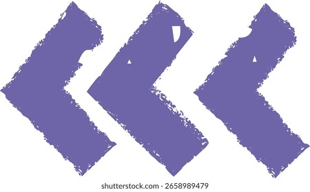 Tres flechas de chevron con textura grunge apuntando a la izquierda en un estilo áspero. Las flechas tienen una apariencia angustiada con bordes desiguales. Ilustración vectorial de dibujos animados.