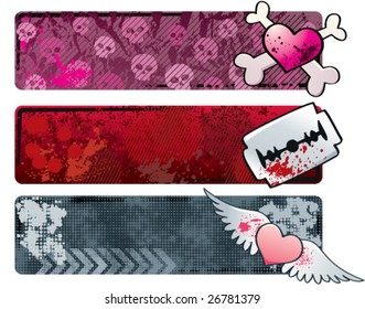 Three grungy emo banners. CMYK vector illustration, with global colors.