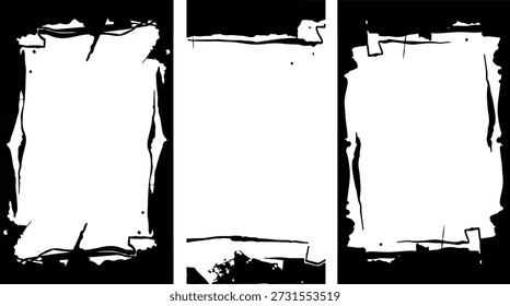 Three grungy frames with distressed edges and ripped corners