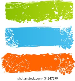 Three grungy multicolored banners with floral elements