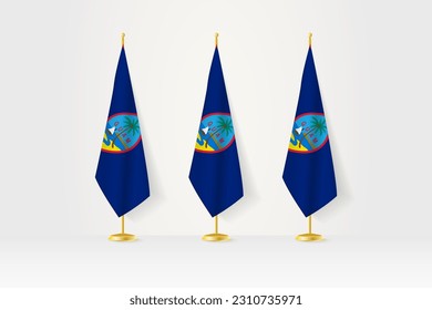Three Guam flags in a row on a golden stand, illustration of press conference and other meetings. Vector illustration.