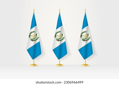 Tres banderas de Guatemala en fila en un puesto de oro, ilustración de conferencia de prensa y otras reuniones. Ilustración vectorial.