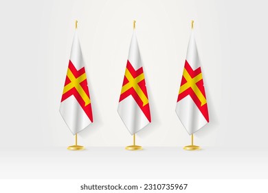 Tres banderas de Guernsey alineadas en un puesto de oro, ilustración de la conferencia de prensa y otras reuniones. Ilustración vectorial.