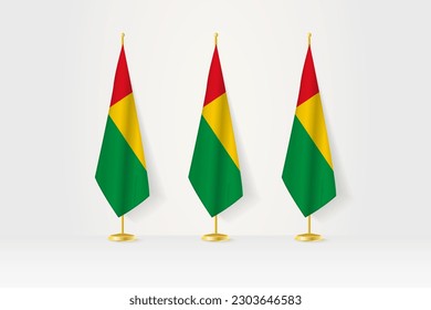 Three Guinea-Bissau flags in a row on a golden stand, illustration of press conference and other meetings. Vector illustration.