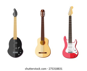 Three guitar flat vector style. Classic acoustic, and two type of electro guitar. Can be scaled.