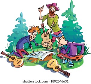 Tres guitarristas en el bosque en un claro vistazo a las notas, discuten y discuten