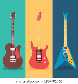 three guitars instruments musicals set icons in colors backgrounds vector illustration design