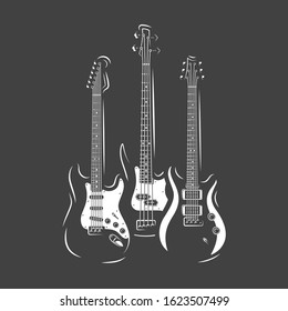 Three guitars isolated on a black background. Design element for music logos, labels, emblems. Vector illustration
