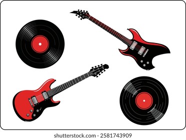 Three guitars and a record are shown in a close up. The guitars are red and black, and the record is red and black as well. Concept of nostalgia and the idea of rock and roll music