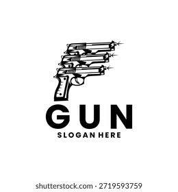 Plantilla de Vector de diseño de logotipo de tres pistolas. Vector de diseño de logotipo de tienda de armas