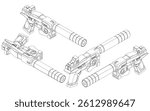 Three guns are shown in a black and white drawing. The guns are all the same type and are positioned in a row. The drawing has a simple and straightforward style. Isometric view. 3D