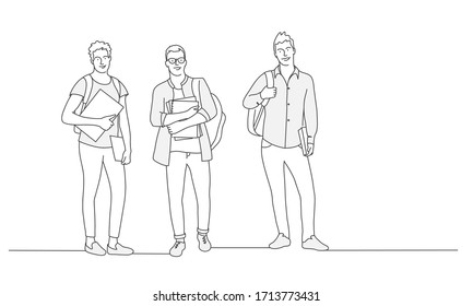 Three guys with books and backpack. Students. Contour drawing vector illustration.