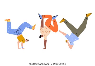 Three guys breakdancing fun and beautifully. Vector sports hand drawn illustration.