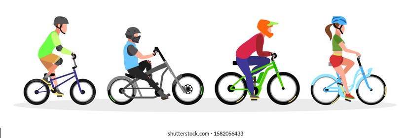 Three guys and girl in helmets riding freestyle trick, city cruiser, mountain, touring bicycles. Urban transport, bikes set. Healthy, sport lifestyle concept. Vector collection isolated on white.