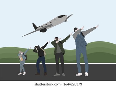 Three guys and a girl tourists raised their hands up where the plane flies. Time to travel concept card in vector.