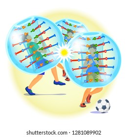Three guys in inflatable zorb suits play soccer. Bumper ball a football game. Cartoon flat illustration - Vector