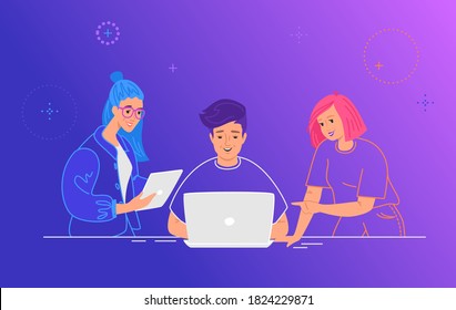 Three guys working as a team on a new project or startup. Flat line vector illustration of people with laptop and digital tablet discussing the project at work desk. Teamwork on gradient background