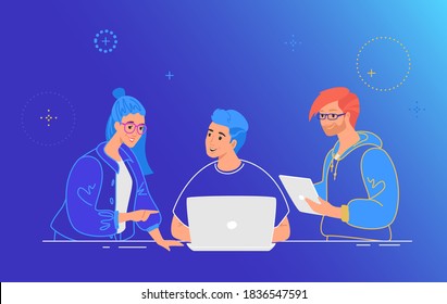 Three guys working as a team on a new project or startup. Flat line vector illustration of people with laptop and digital tablet discussing the project at work desk. Teamwork on gradient background