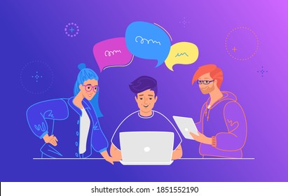 Three guys working as team and talking with speech bubbles. Flat line vector illustration of people with laptop and digital tablet discussing the project at work desk. Teamwork on gradient background