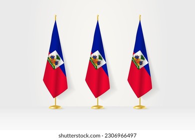 Three Haiti flags in a row on a golden stand, illustration of press conference and other meetings. Vector illustration.