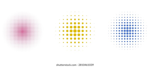 Three halftone dotted circles in magenta, yellow and cyan create a modern abstract background with radial dot gradients, retro pop-art energy and versatile graphic texture for print and digital design.
