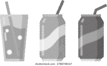 Three halftone drink icons featuring soda cans and glass with straw using retro dot patterns and halftone textures.