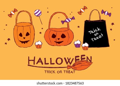 Three Halloween bags and candies around, hand-drawn.