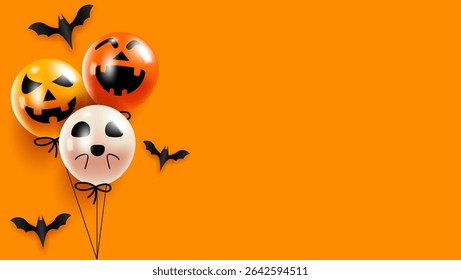 Three Halloween balloons with bats float and space for text on orange background; suitable for festive designs, invitations, posters, and social media posts.