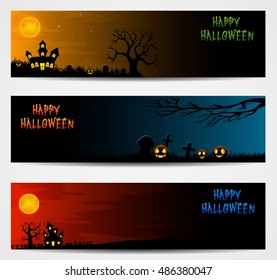 Three Halloween banners with castle and pumpkin .Vector illustration