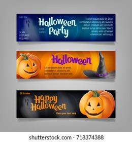 Three Halloween banners. Vector ilustration. Wizard's hat, jack-o-lanterns and ghosts.