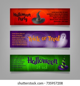 Three Halloween banners. Vector ilustration. Wizard's hats and ghosts.