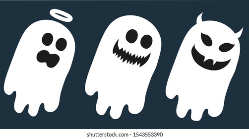 three halloween ghosts with different expressions and types, using vector style