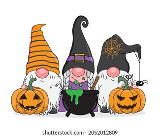 Three halloween gnomes with pumpkins and witch potion. isolated vector