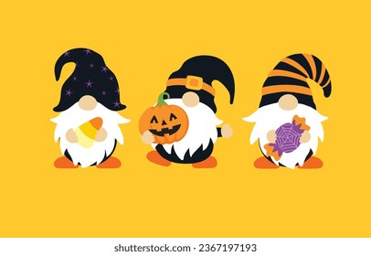 Ilustración vectorial de tres gnomos de Halloween.