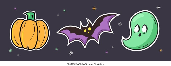 Three Halloween holiday stickers with traditional symbols, pumpkin, bat and ghost. Vector illustration.