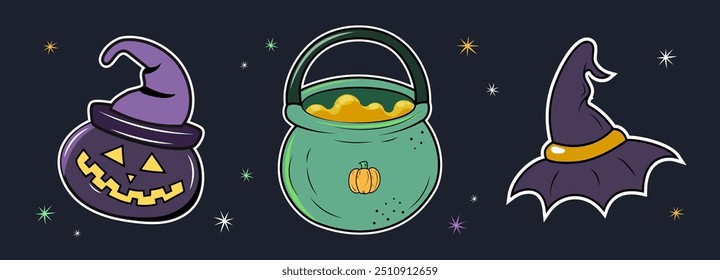 Three Halloween holiday stickers with traditional symbols, pumpkin, witch hat and cauldron with potion. Vector illustration.