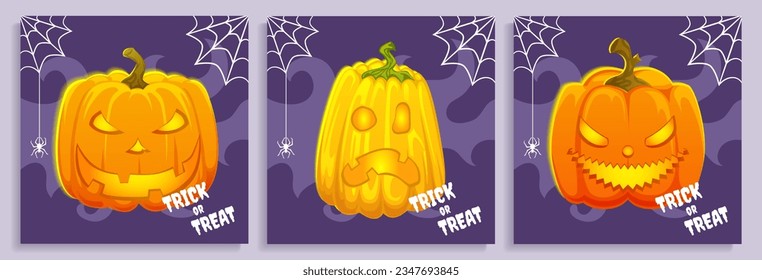 Tres postales de Halloween con linternas de calabaza brillantes, tarjetas Jack O Lantern, saludos con feriado de Halloween, afiches cuadrados.
