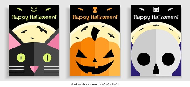 Three Halloween posters in a flat style with black cat, pumpkin lantern and a skull, Halloween greeting, invitation, vector prints.